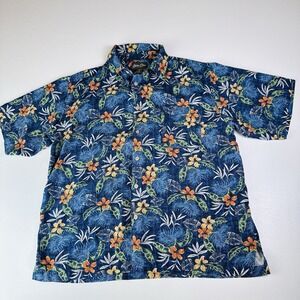 Vintage Bobby Chan Hawaiian‎ Shirt Mens L  Flowers 100% Silk Blue Short Sleeve